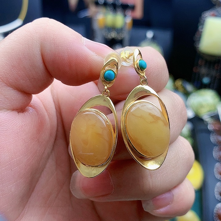 琥珀裸石银S925镶嵌耳坠