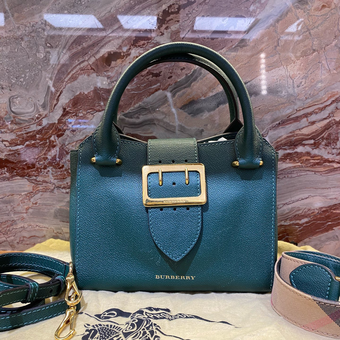 95新 BURBERRY/博柏利 墨绿色牛皮手提包 手提or斜挎都OK