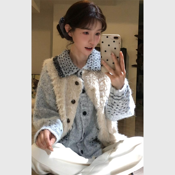 韩系复古学院风针织开衫毛衣外套女秋冬叠穿羊羔毛马甲两件套1815