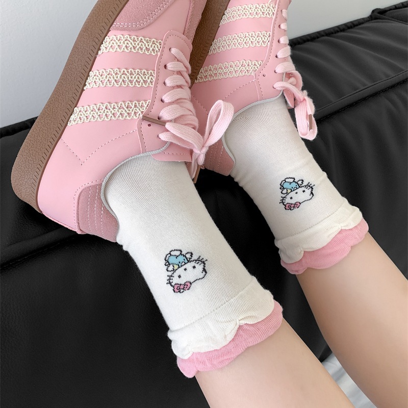 *可爱kitty*春夏学院可爱卡通猫咪袜子女蝴蝶结花边中筒袜堆堆袜
