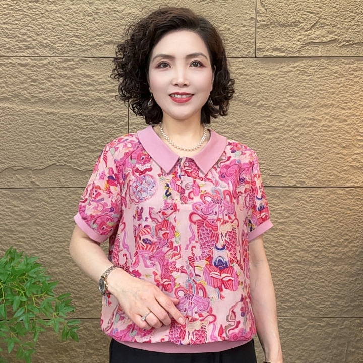 新款夏季短袖洋气印花中老年妈妈装女装显瘦翻领碎花气质减龄T恤