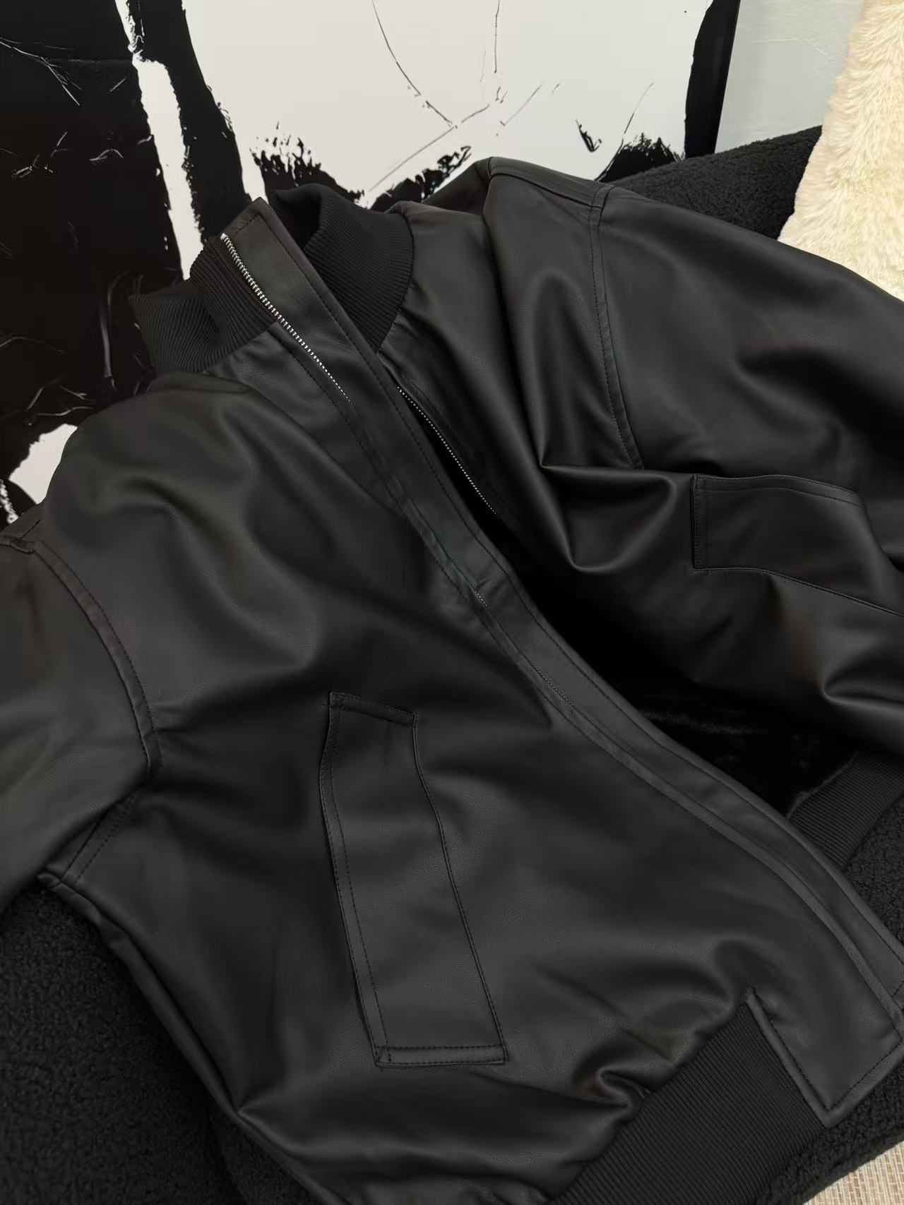 GENDERLESS (873141#美式立领拉链加绒皮衣) 黑色