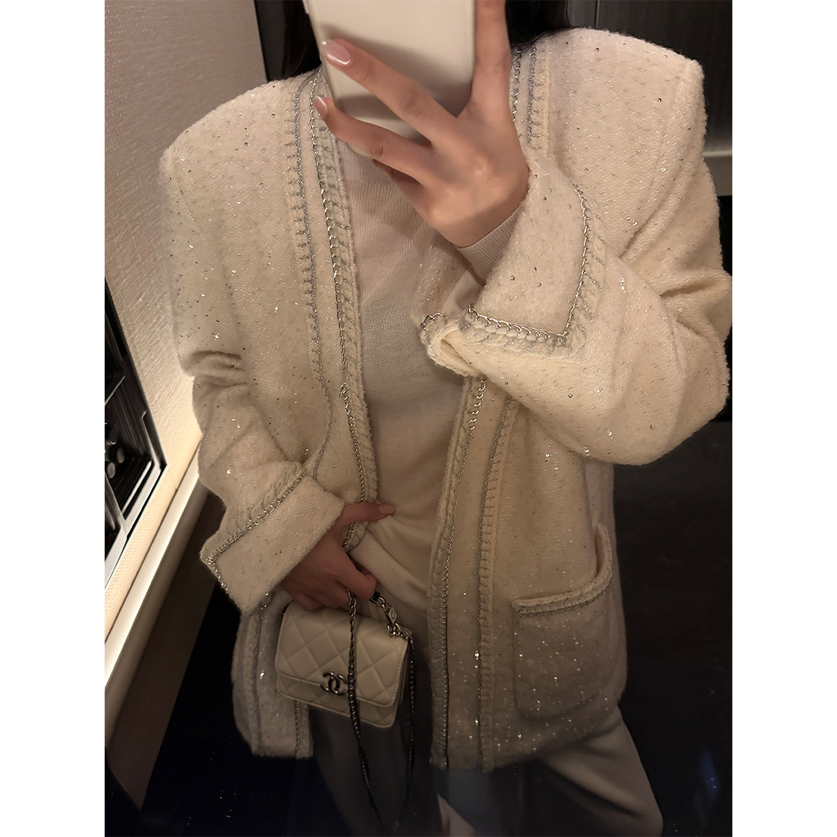 PAPERLLL辛间 圣日耳曼 小香风V领镶边银链羊毛外套女冬夹棉外搭