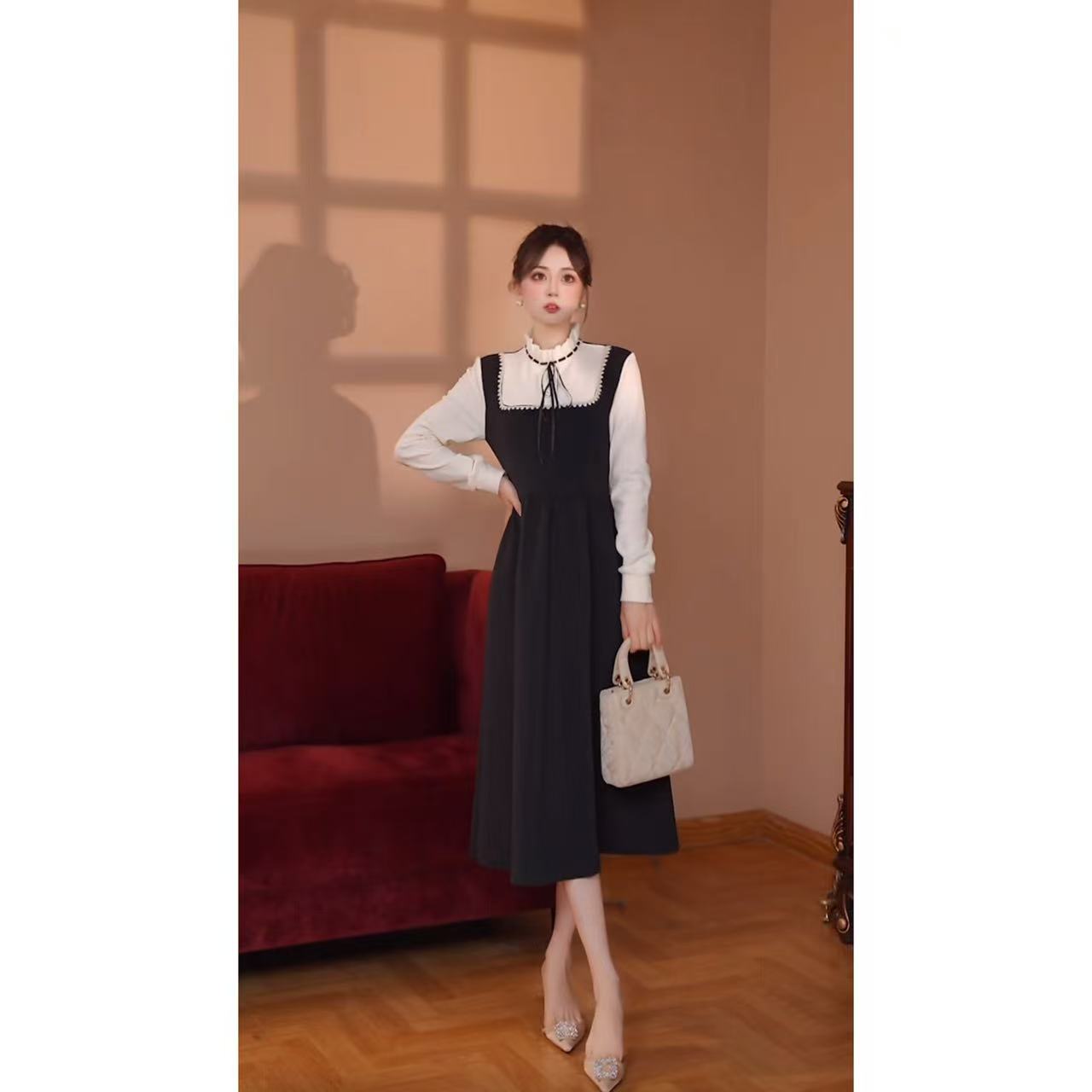 【瑞瑞定制】【加绒加厚】法式撞色连衣裙女2025秋冬学院风显瘦D4409