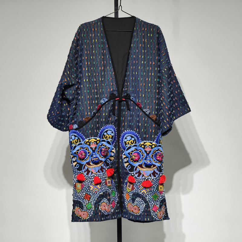 中国风刺绣V领对襟中长款风衣女重工刺绣撞色气质外套文艺复古