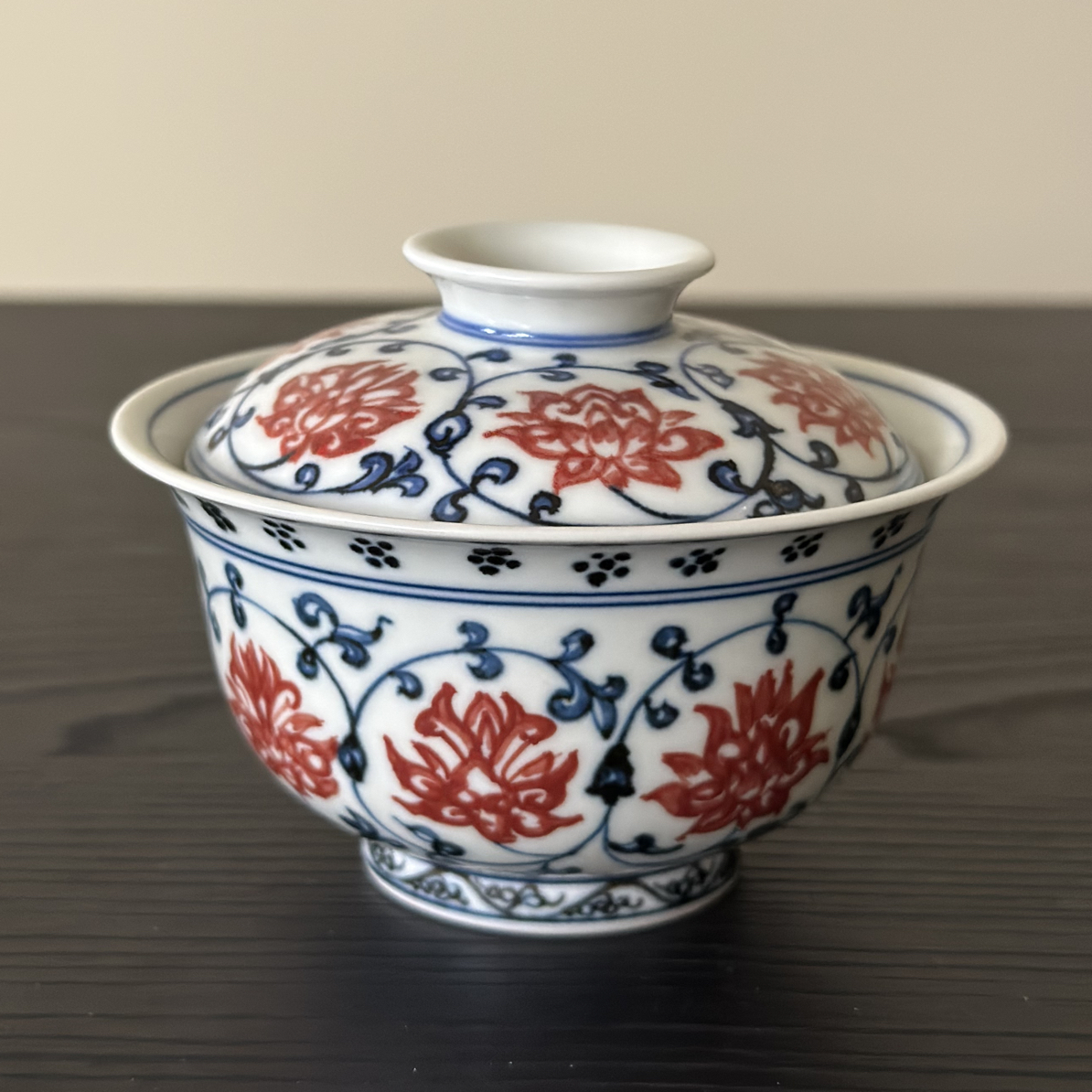 【雨溪山房】枢府釉 青花缠枝莲元宝两才盖碗120cc