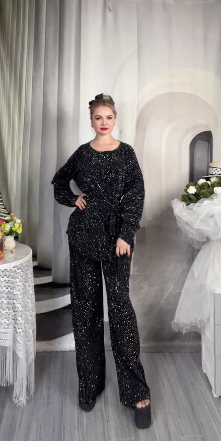 新款欧美时尚休闲女装气质休闲裤针织百搭女士连体宽松圆领秋冬