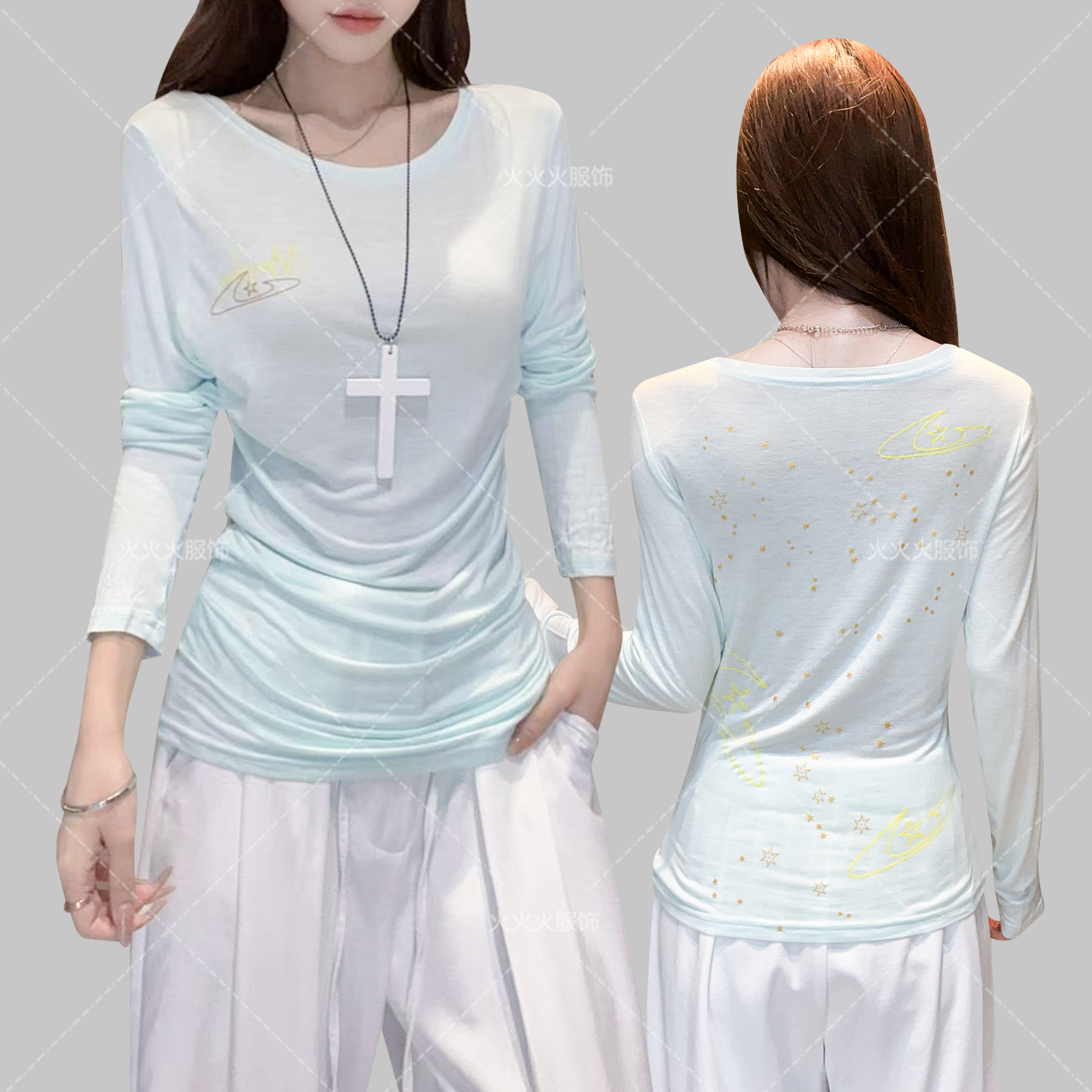 轻薄透气夏季新款星星印花罩衫女休闲宽松空调衫长袖早秋上衣6833