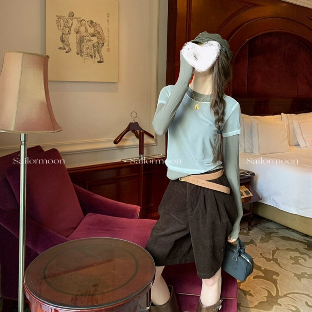 五分裤insINS风复古日式秋季休闲直筒短裤阔腿无弹力琥珀流光