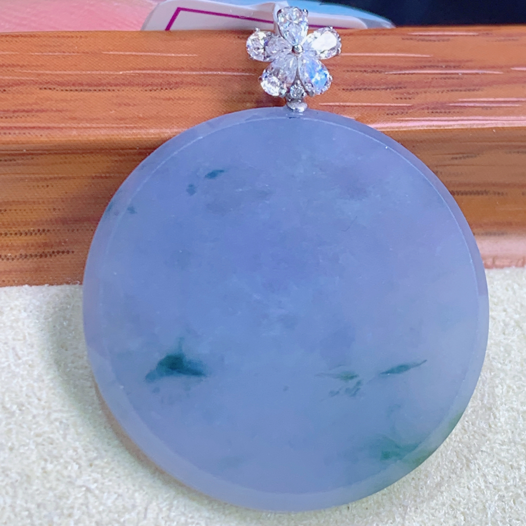 天然缅甸A货翡翠18k金镶紫罗兰飘蓝花无事牌吊坠j整30石24/2.8mm