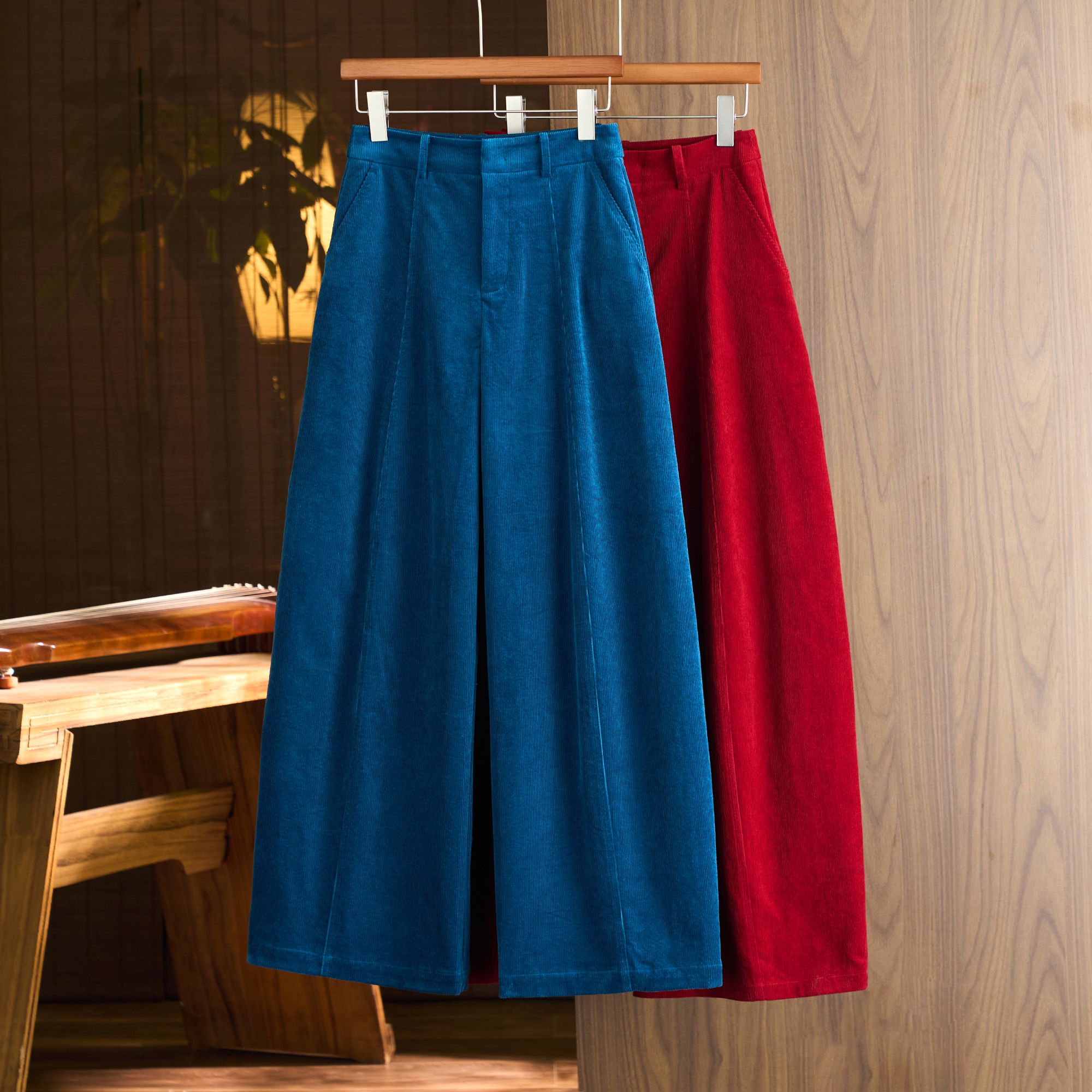 灯芯绒阔腿裤时尚高腰休闲裤阔腿裤流苏蓝色长款纯色SY001