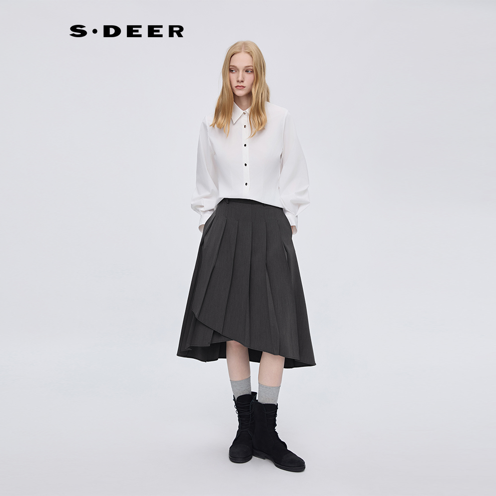 sdeer圣迪奥女装25年新品OL风翻领压褶灯笼袖白色衬衫S253Z0558