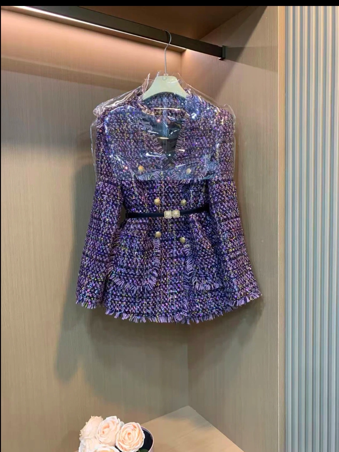 紫气东来中长款毛呢外套小香风气质洋气蓝色时尚名媛秋冬粗花呢