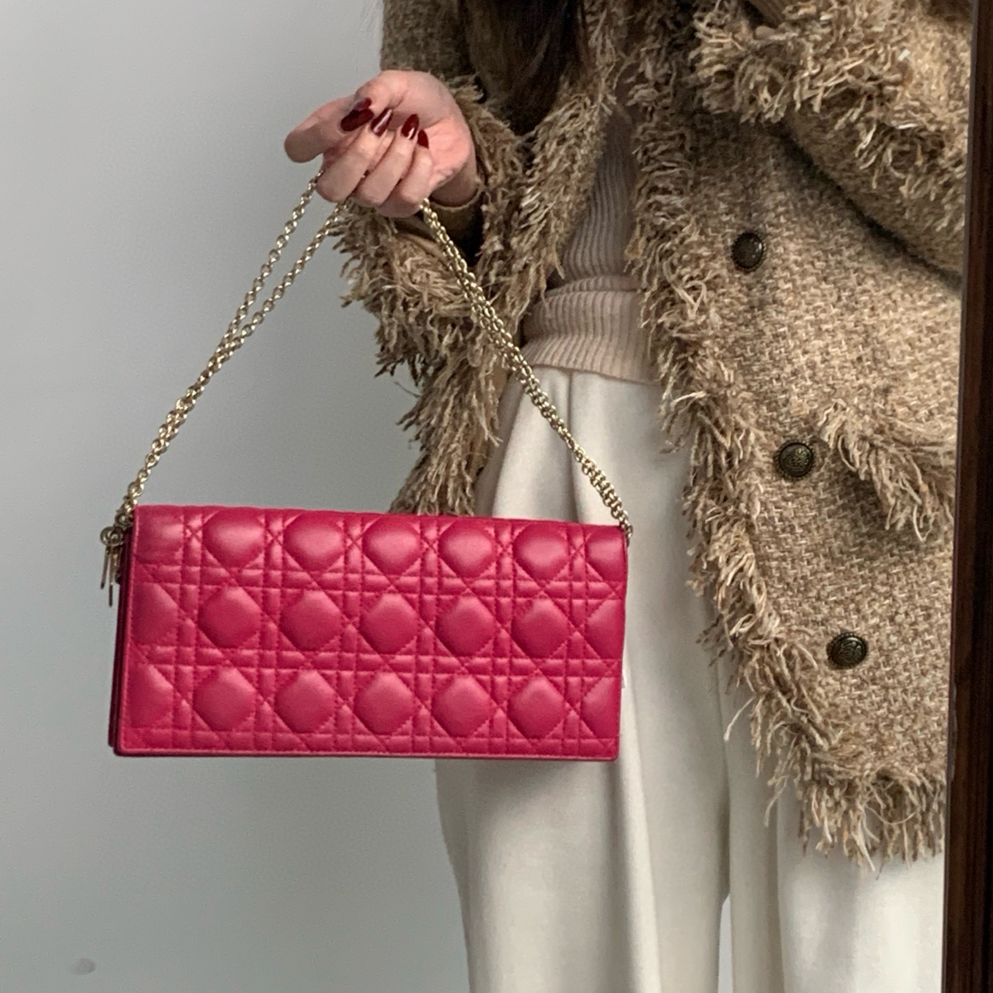 95新 DIOR/迪奥 dior玫红色七格横版woc链条包