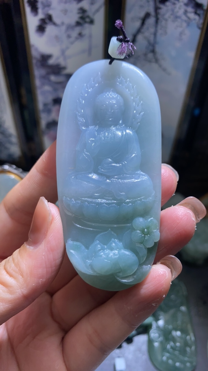 天然缅甸A货翡翠阿弥陀佛毛货