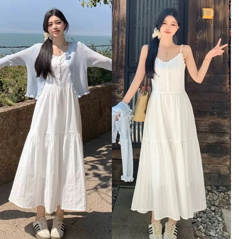 2025夏季温柔仙女白色气质吊带连衣裙海边渡假长裙白色吊带裙01#