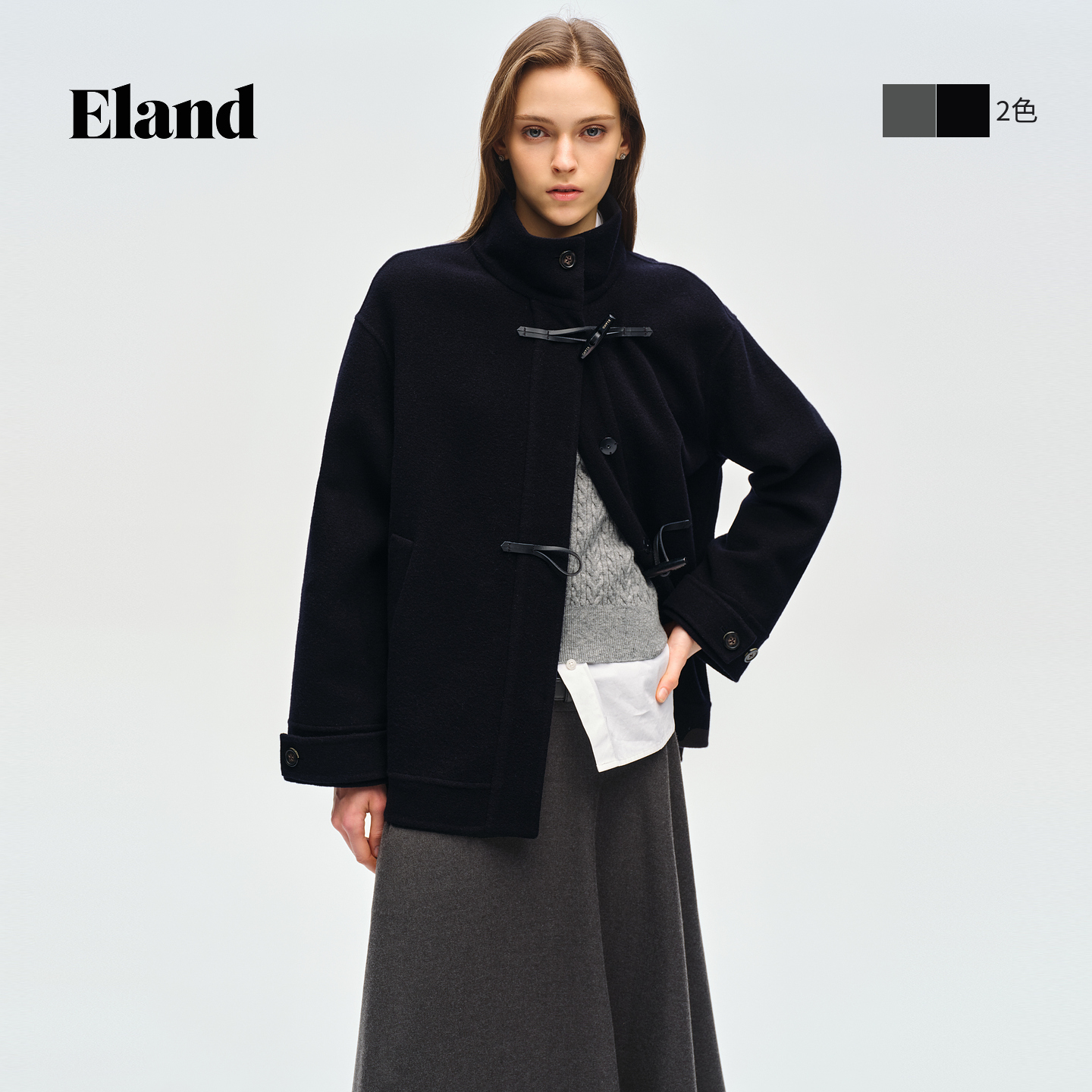 【绵羊毛】Eland衣恋毛呢外套女高领牛角扣大衣EEJWG61S02