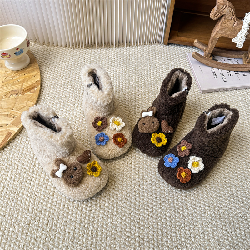 【彩色小花】儿童加绒毛毛鞋冬新款男女童洋气卡通百搭软底户外棉鞋
