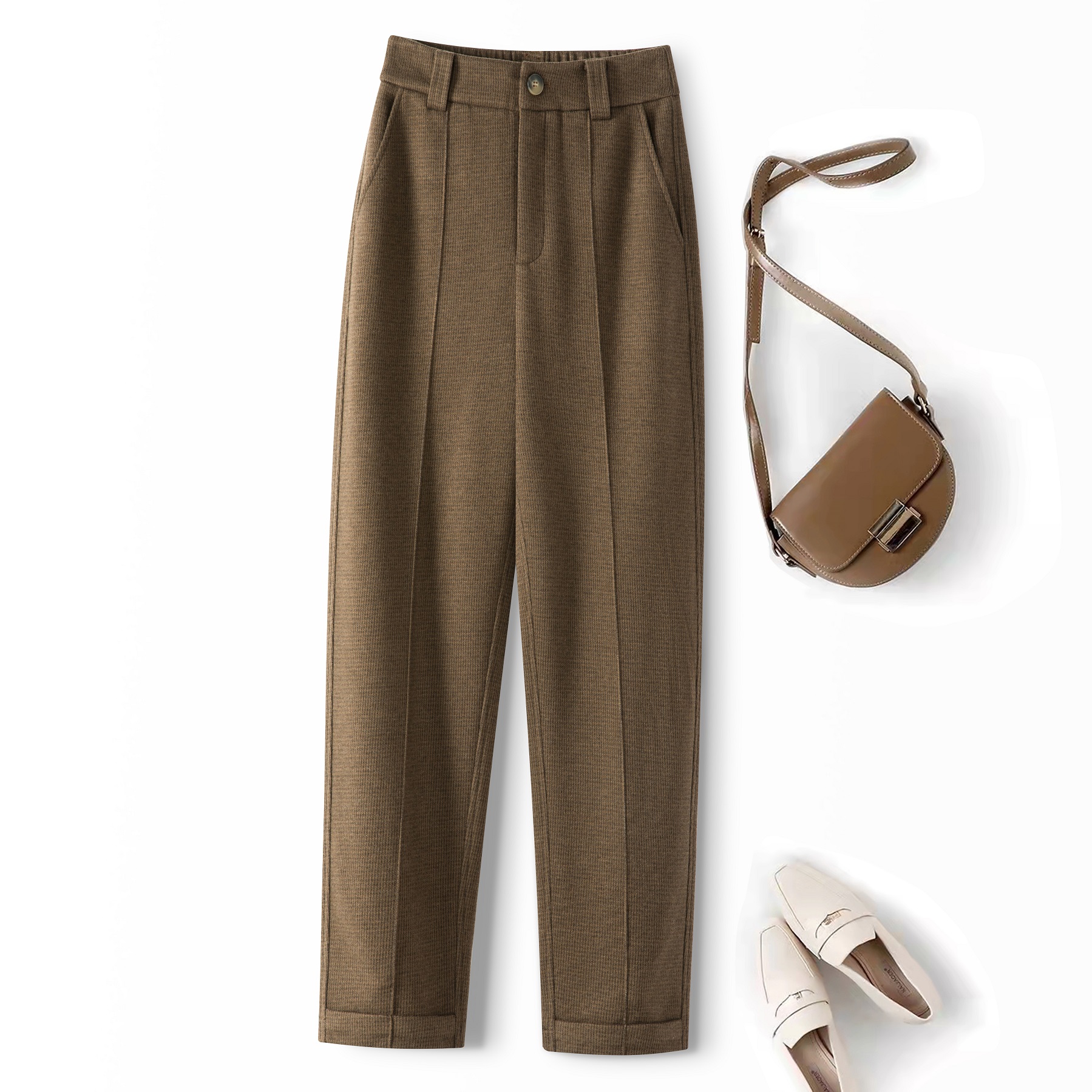 【毛呢烟管裤】数兰朵品质毛呢西装裤 高腰翻边女士小脚裤烟管高