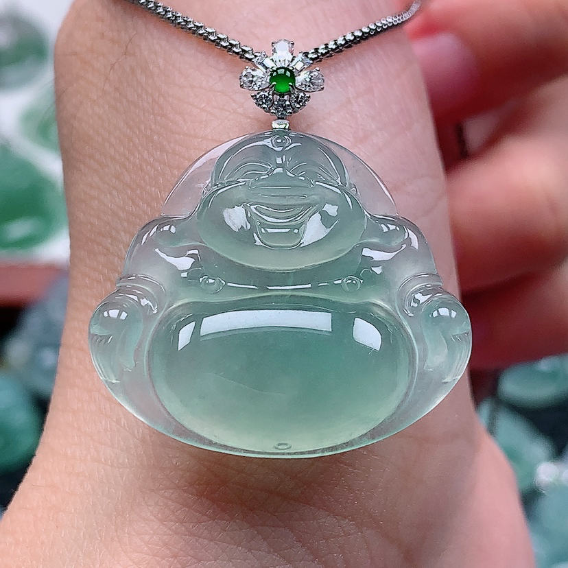 缅甸天然A货翡翠18k金镶嵌冰种晴底一刀切佛公（尺寸27*30.5*6）