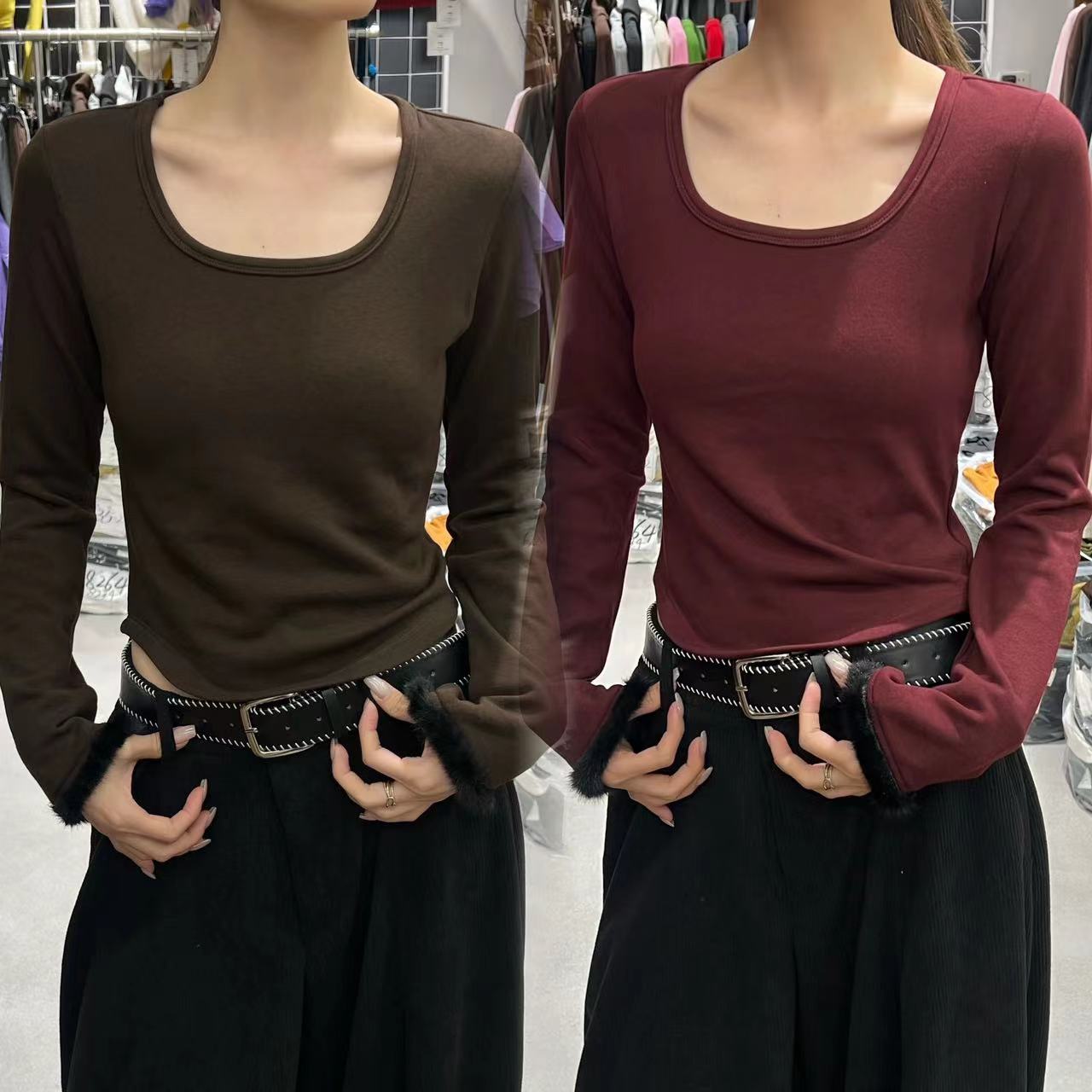 元熙四-8329#加绒方领显瘦袖口拼接毛绒上衣