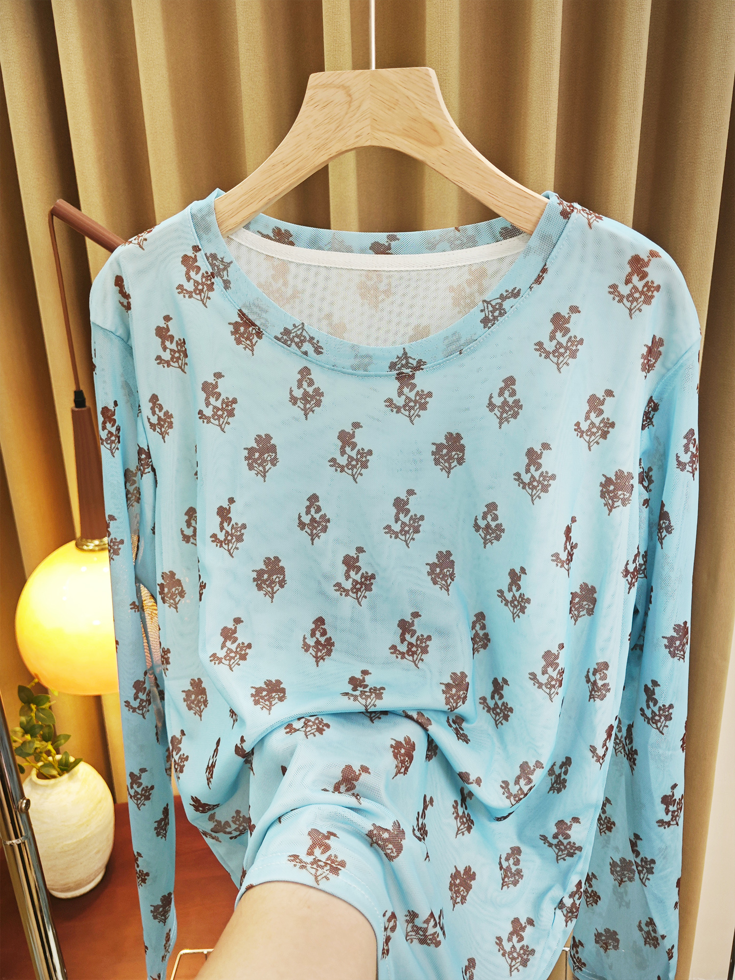 蓝色碎花欧韩货欧洲站夏季时尚洋气百搭高级网纱长袖上衣女1613