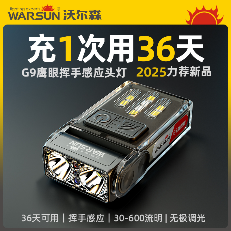 【618】沃尔森G9夜钓头灯强光泛光充电超长续航钓鱼感应帽夹灯