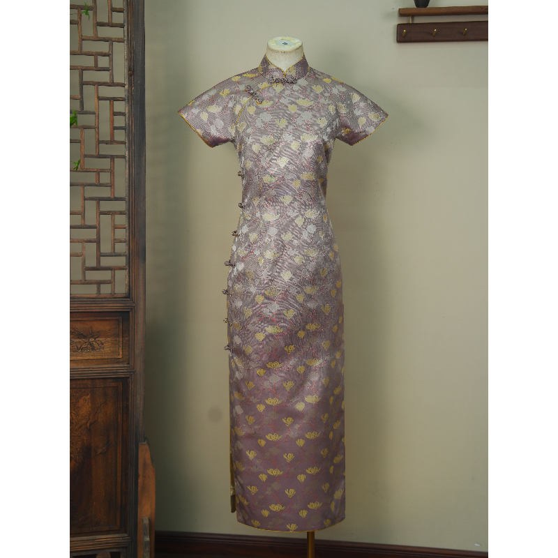 【玉兰花】新款宋锦气质优雅线香绲连肩三分袖旗袍