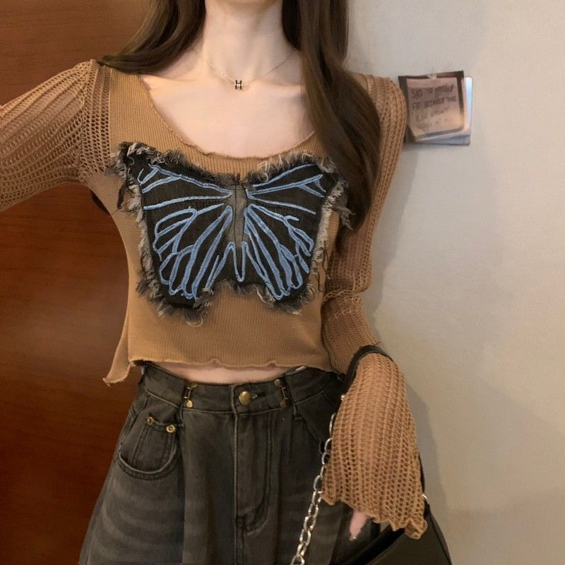 【1人好评】辣妹风长袖针织衫女装秋季蝴蝶木耳边喇叭袖漂亮别致小