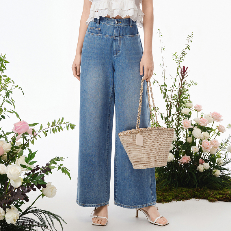 【千颂妮专享】DOUBLOVE普赛克单宁牛仔阔腿裤拖地直筒裤