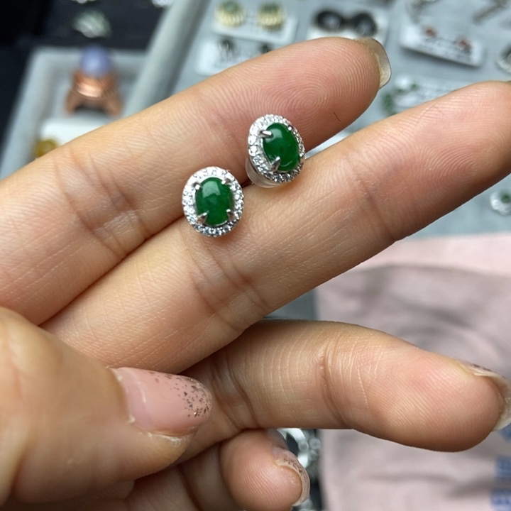 翡翠耳饰银S925镶嵌耳钉