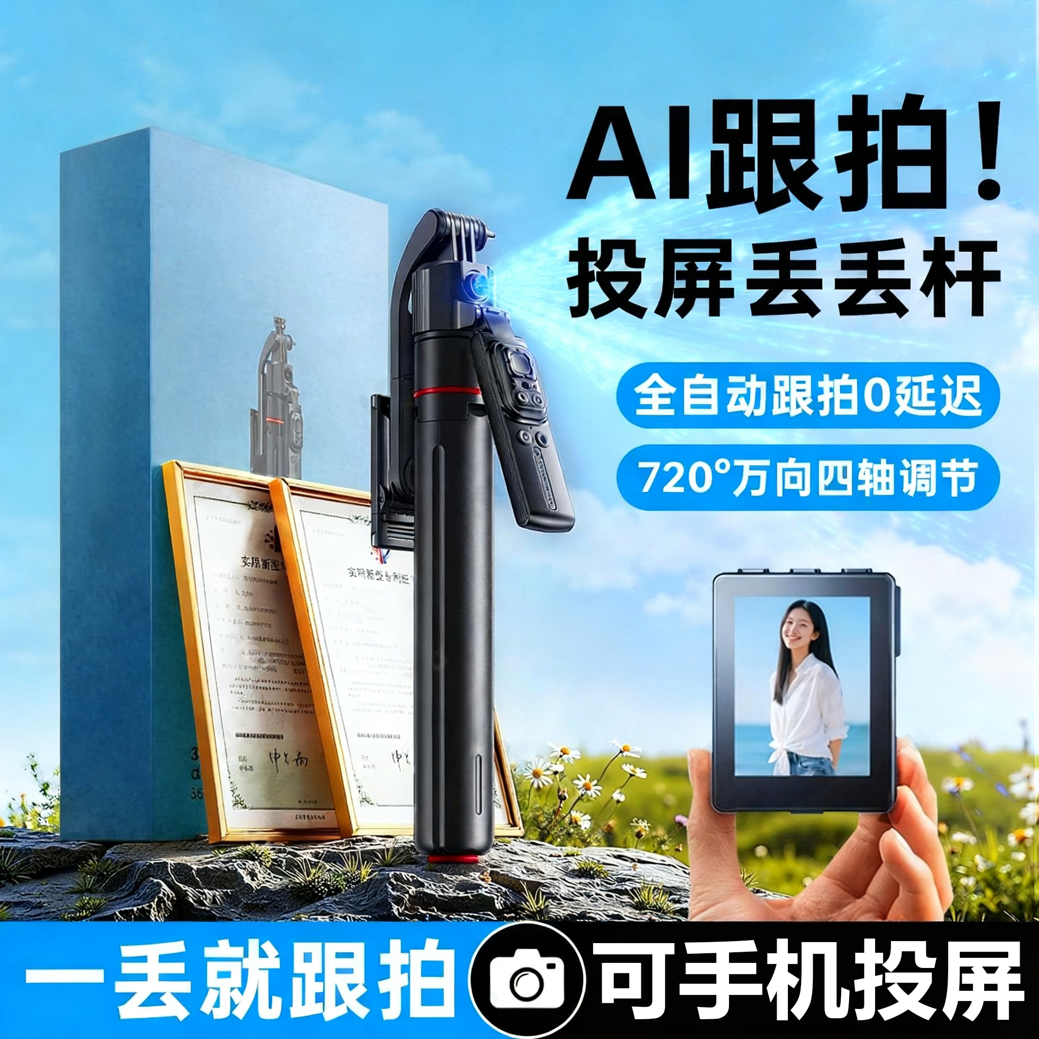 2025新款【智能AI跟拍云台】丢丢杆自拍杆人脸跟踪360旋转旅游拍照