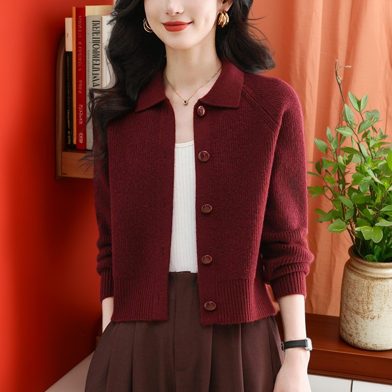 100%纯羊毛羊毛衫小个子翻领针织开衫女秋冬新款毛衣外套显瘦上衣