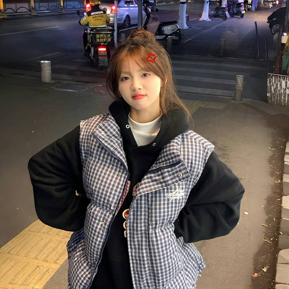 超好看 胖mm大码格子无袖棉服马甲女秋冬新款叠穿休闲马夹外套602