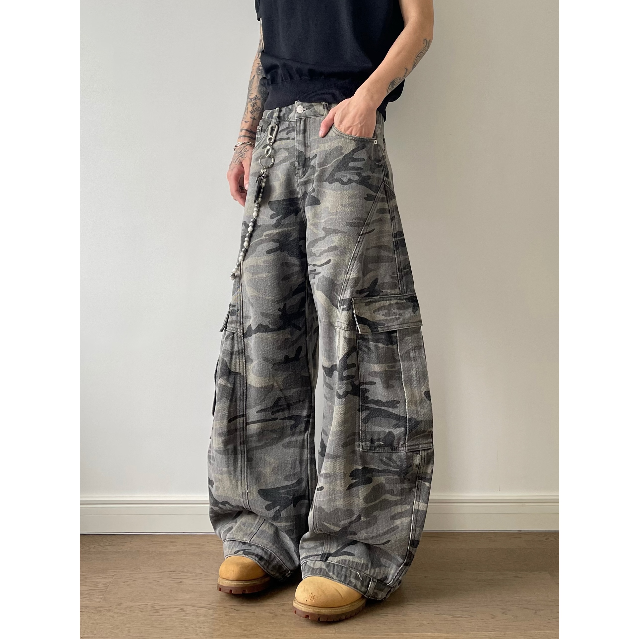 DAYAOBUTAIG美式复古水洗迷彩弯刀工装裤男女休闲痞帅高街拖地感