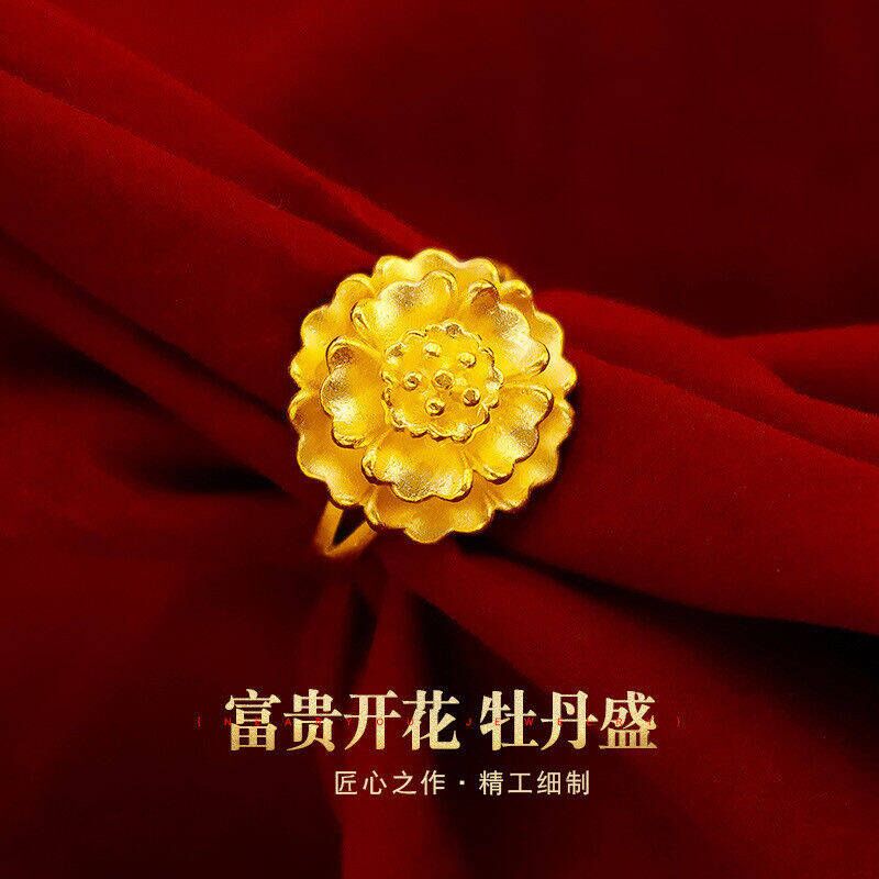 铜合金戒指 超美爆款牡丹花戒指女可调节戒指金色花朵食指戒指环
