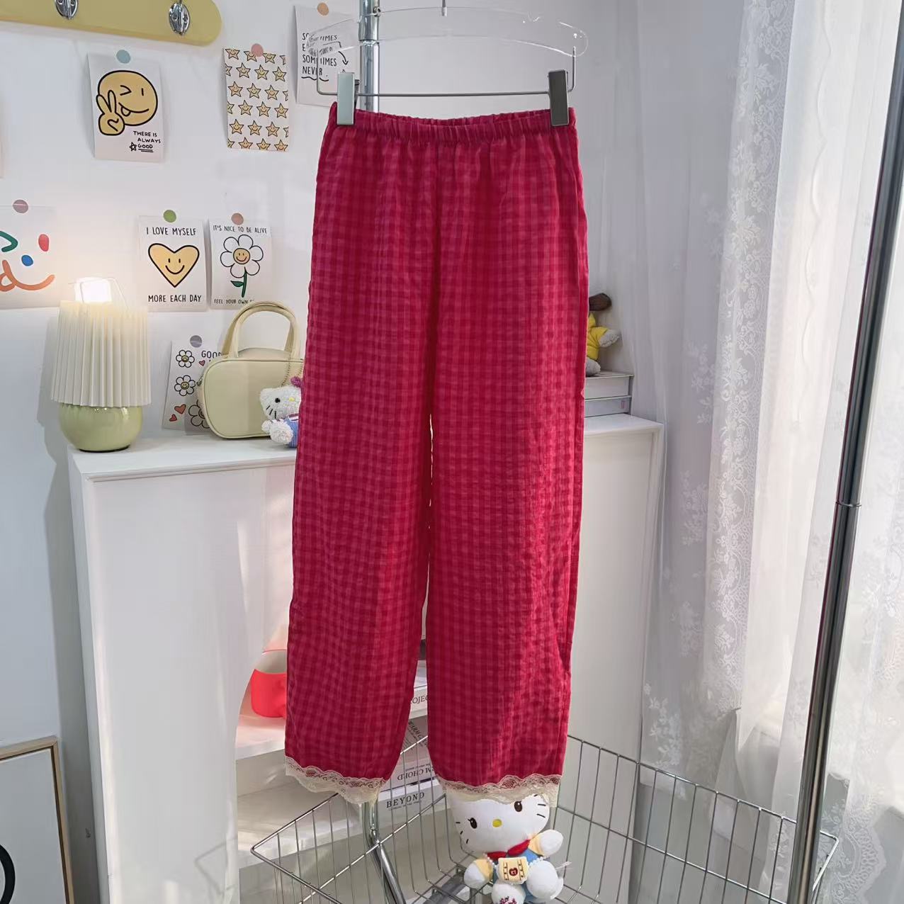 【钱呼呼】2024夏季新款格子居家裤9分休闲裤花边设计