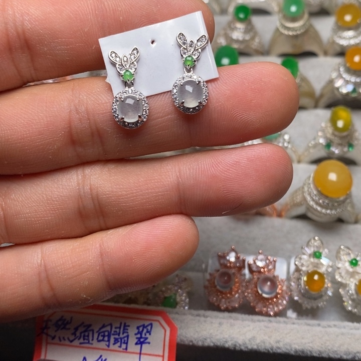 翡翠耳饰银S925镶嵌耳钉