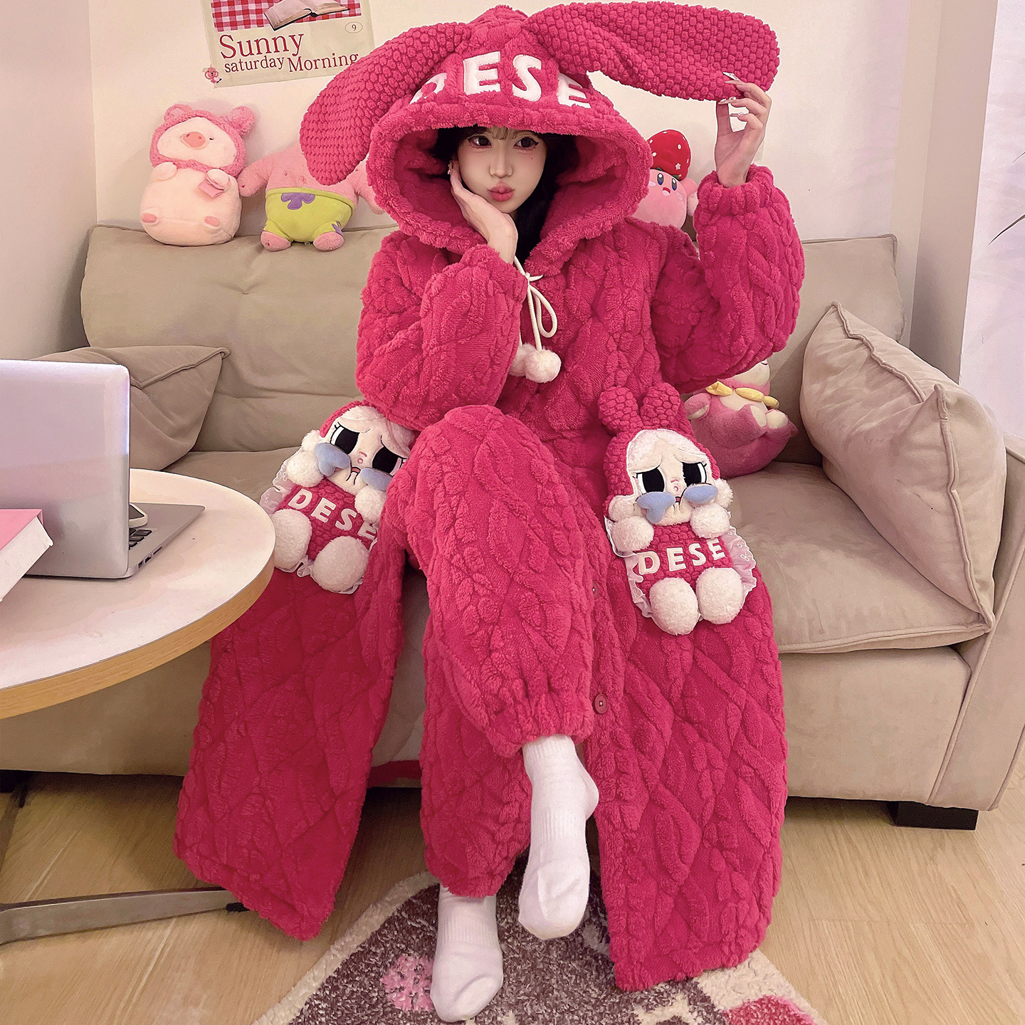 三层夹棉加厚加绒睡袍可外穿冬季睡衣女士卡通珊瑚绒家居服 9036