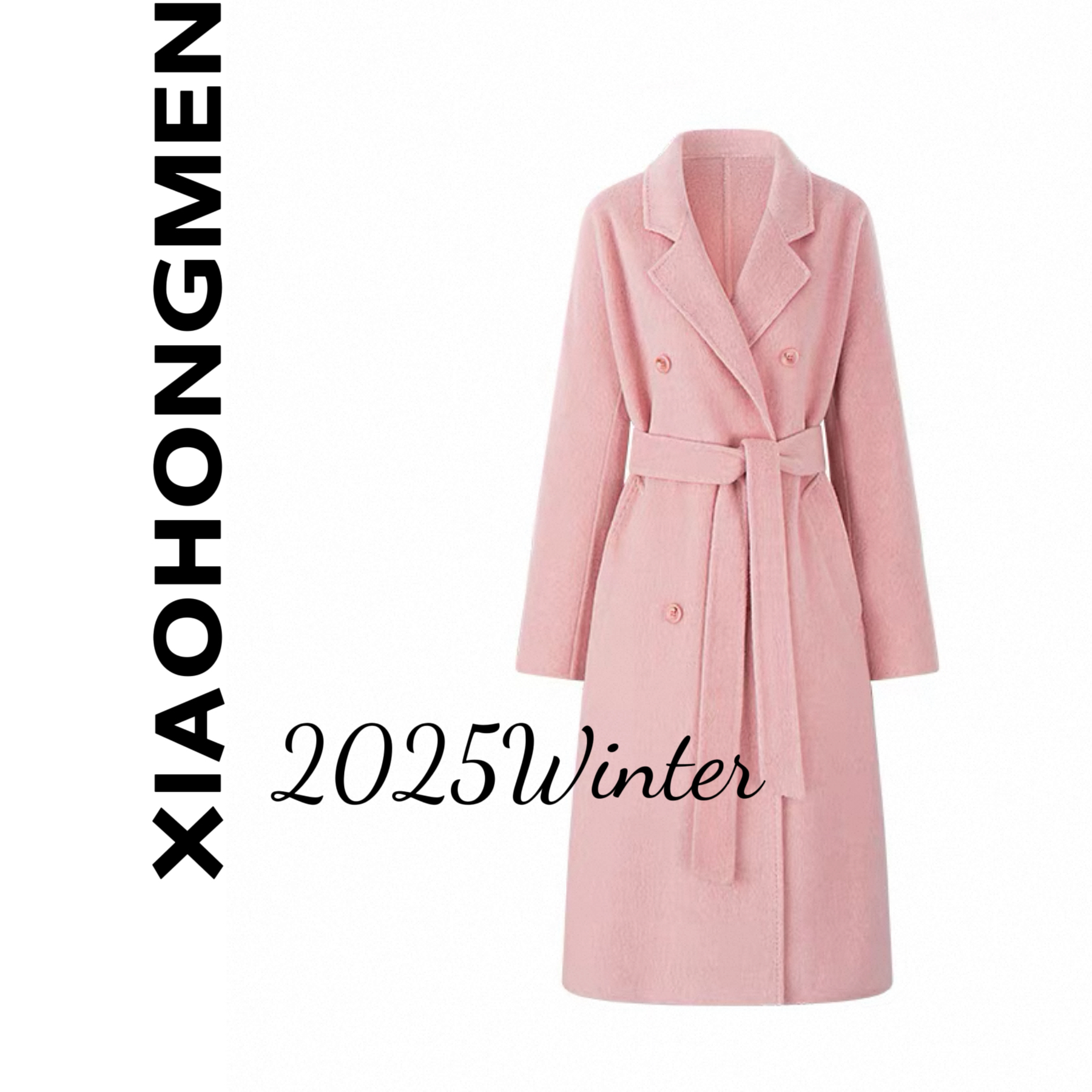 B928  2025冬双排扣翻领纯色高级感系带过膝加厚长款双面大衣