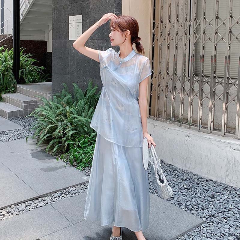 【素夕】【两件套】【有里布】清冷感改良旗袍裙女夏季吊带裙套装D2705
