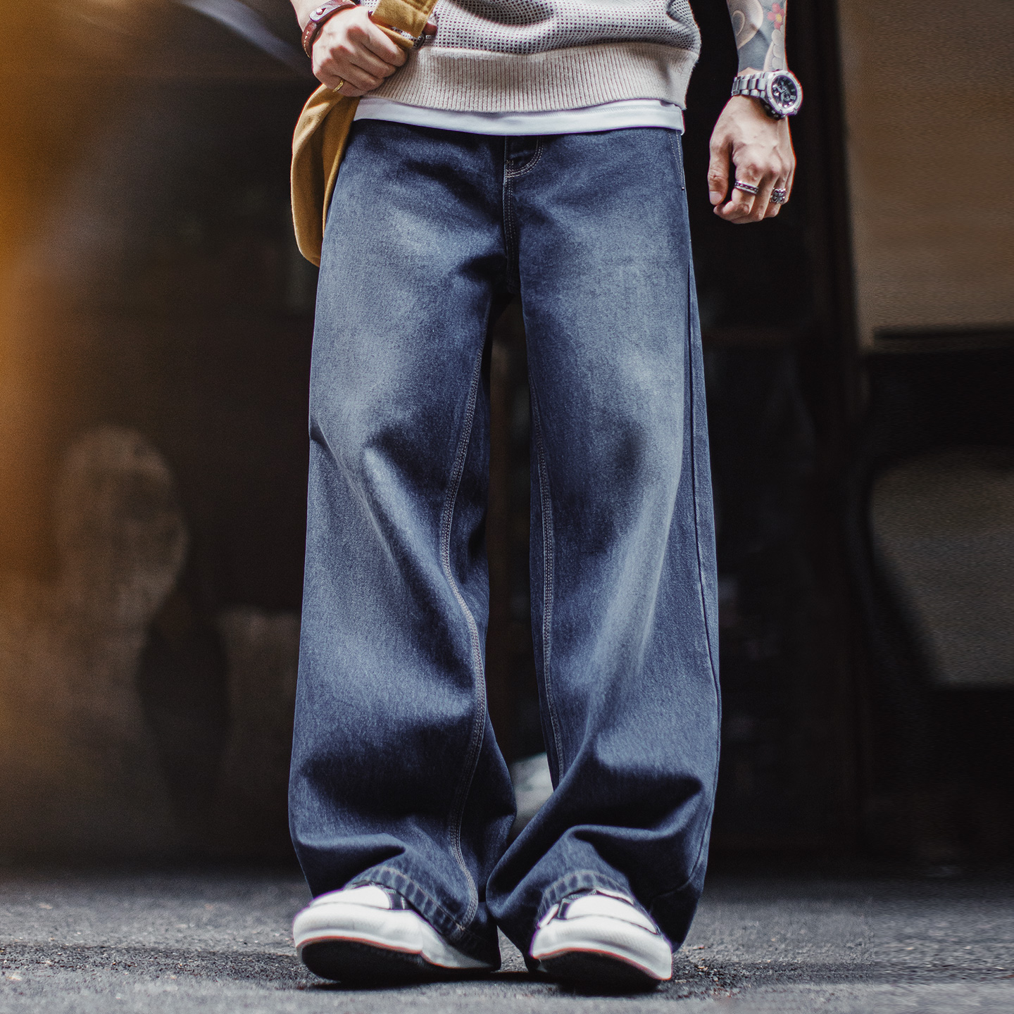 马登工装美式复古水洗弯刀牛仔裤丹宁阔腿垂感拖地休闲长裤子男秋