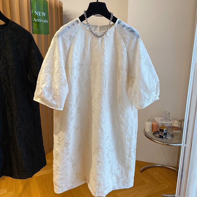 0414夏季新款宽松新中式国风提花刺绣连衣裙女洋气显瘦泡泡袖上衣