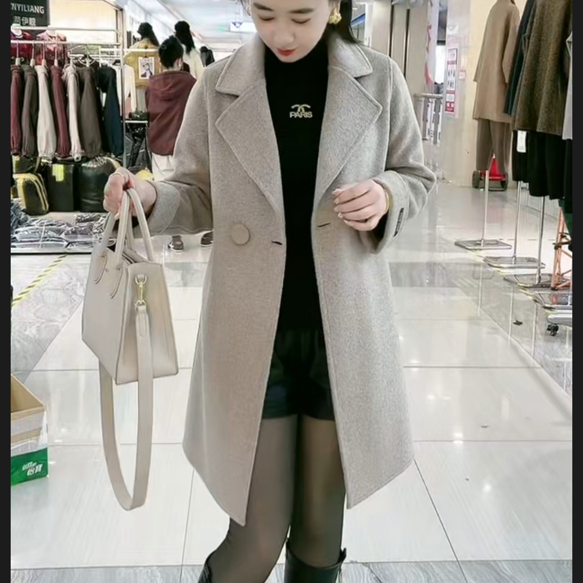 N秋冬新款加厚中长款韩版时尚百搭双面大衣女显瘦外套6932