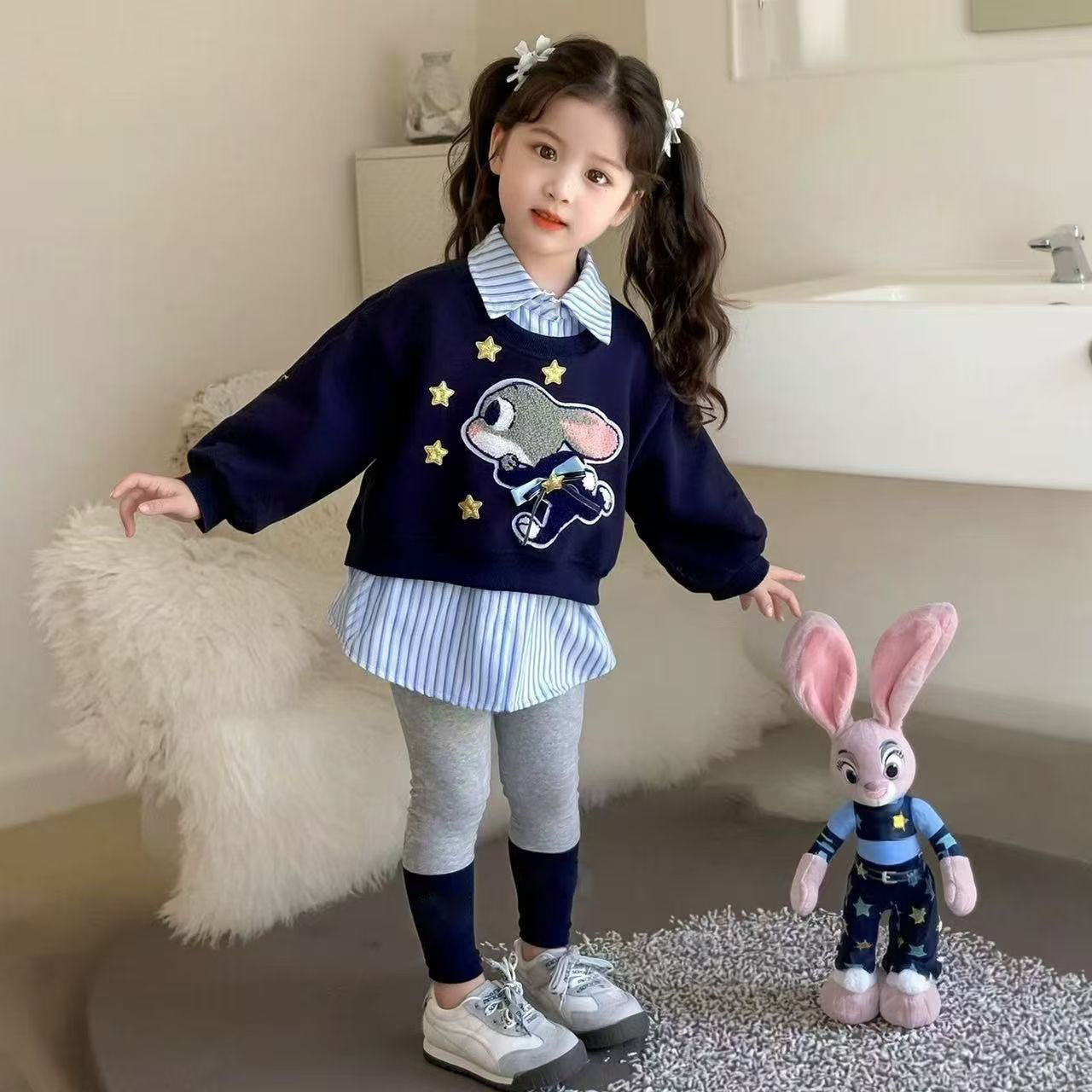 女童新款秋季套装兔子警官假两件韩版卫衣可爱洋气打底裤两件套