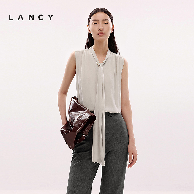 【100%桑蚕丝】LANCY/朗姿2025夏新款法式飘带无袖真丝衬衫女WPR002