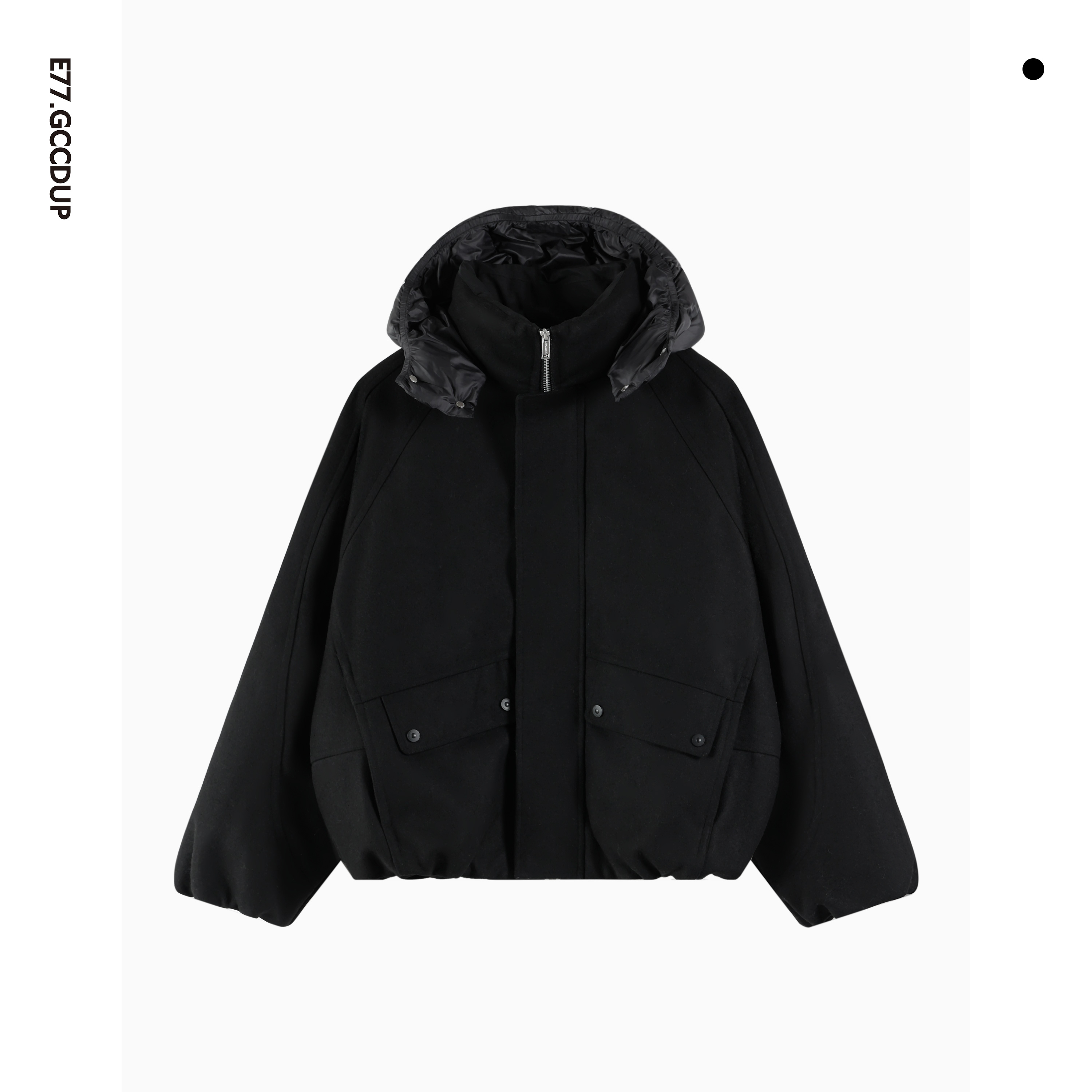 GCCDUPE77『柏林织造』冬季羊毛原纱混纺呢料拼接连帽90羽绒服