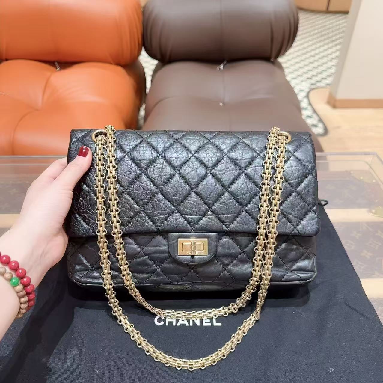 99新 Chanel/香奈儿 66 2.55黑金 复古小牛皮单肩包
