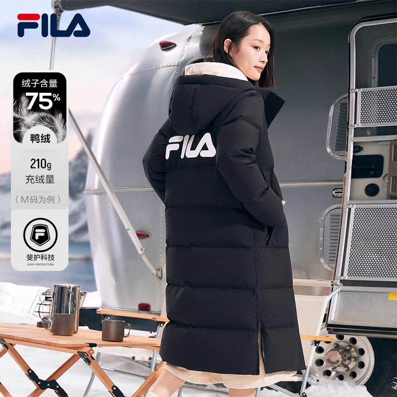 FILA 斐乐女子羽绒服秋冬加厚连帽拉链长款防泼水防污保暖外套女