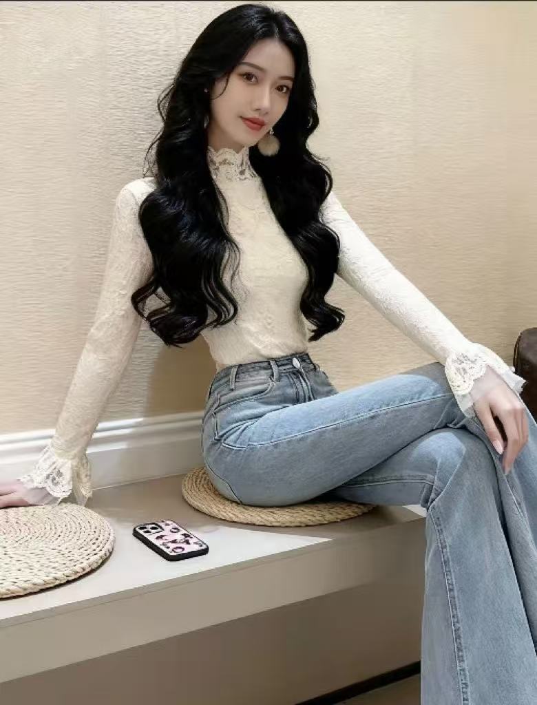 喇叭袖加绒加厚蕾丝打底衫女秋冬季百搭高领保暖内搭显瘦上衣9025